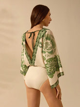 CAJUNI Women's Boho Green Tropical Plant Print, Deep V-Neck Apricot One-Piece Suit, Vacation Leisure Summer Beach Jumpsuit